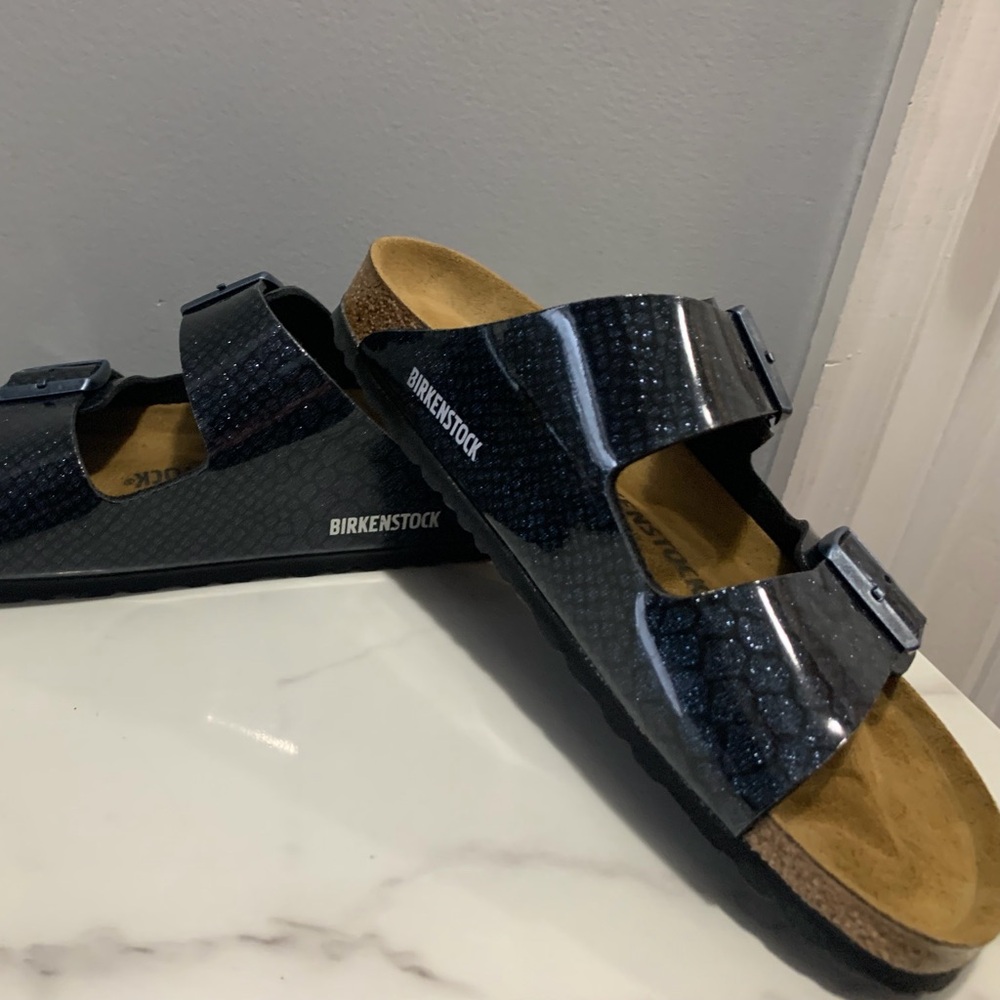 41 Birkenstock Glossy Black with blue specks Arizona Sandals